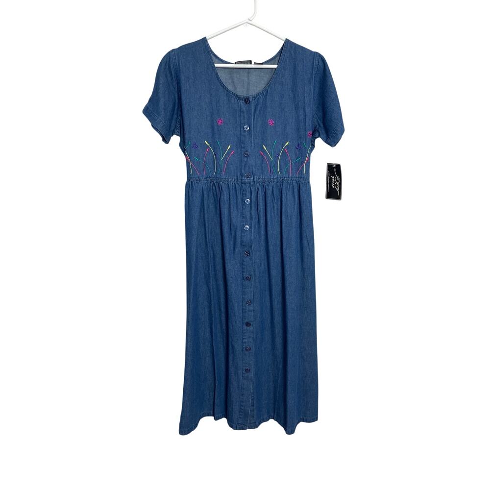 NWT‎ Y2K Vintage Floral Embroidered Short Sleeve Denim Maxi Dress Size Medium